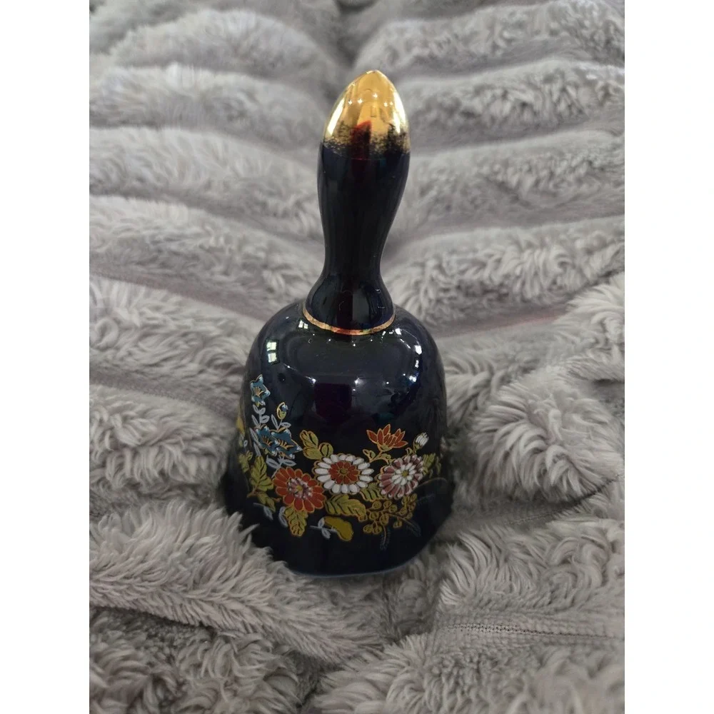 Cobalt Blue Ceramic Bell with Flowers‎ - Gold Accents 3.75
